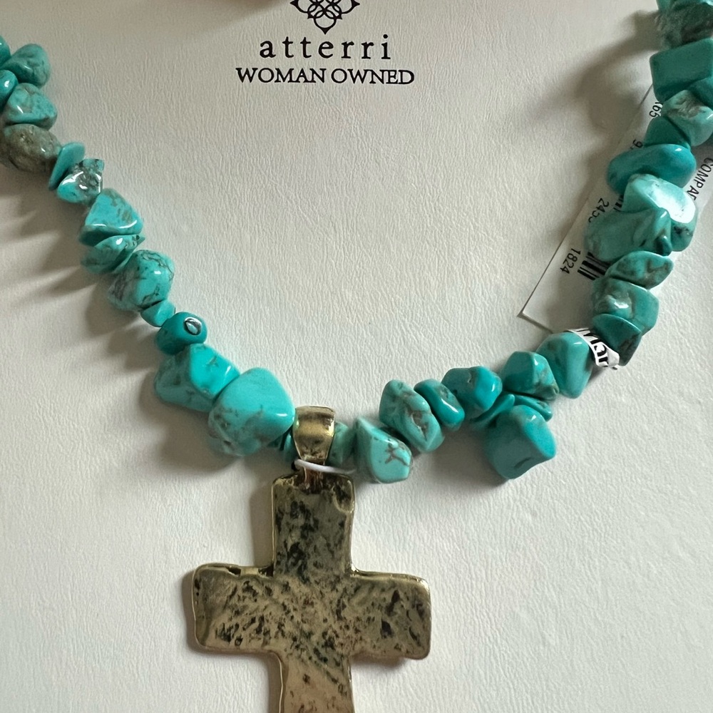 Turquoise and Gold Cross Pendant Necklace
